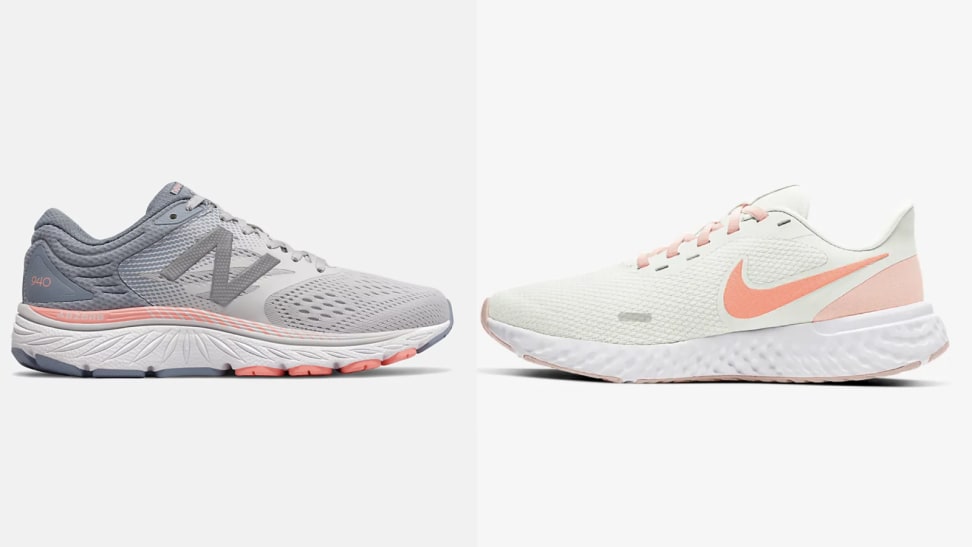 On left, gray sneaker in front of white background. On right, cream and orange sneaker  in front of white background.