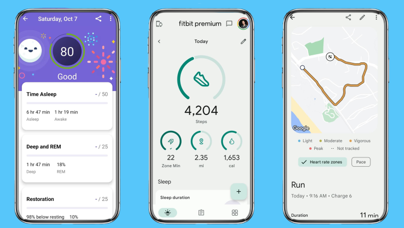 Three screenshots of the Fitbit app collecting data on a user's run.