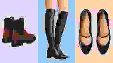 Short brown Stuart Weitzman boots, tall black boots, and heels.