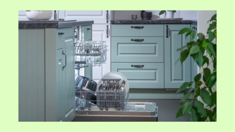 HisenseHUI6220XCUS dishwasher opened to display bottom rack on dishwasher with dishes inside.