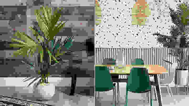 This split image depicts artificial plants from Nearly Natural, once of the best places to buy fake plants.