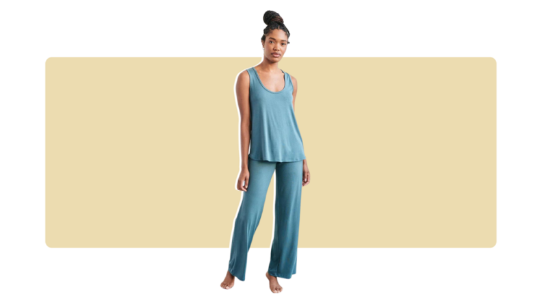 A matching aqua-colored tank and pants pajama set from This Is J.