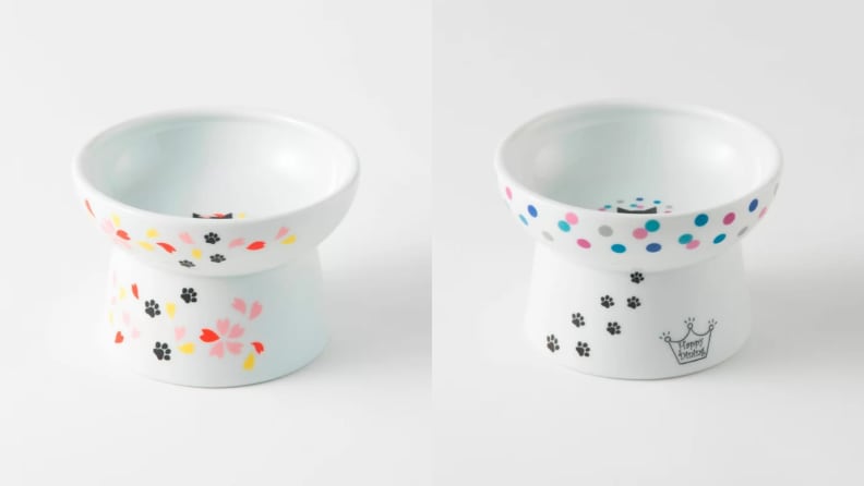 An image of two raised ceramic bowls in polka dot print.