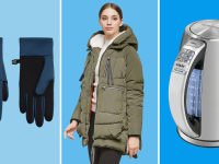 Photo collage of The North Face's navy and blue Etip Gloves, a person wearing olive green, fur-lined parka coat and the Cuisinart PerfecTemp Electric Kettle in a stainless steel finish.