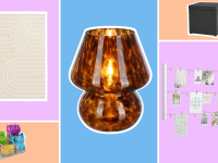 Dorm room decor items like white area rug, desk organizer, small tortoise colored mushroom lamp, cube-shaped ottoman, and clothesline picture collage.