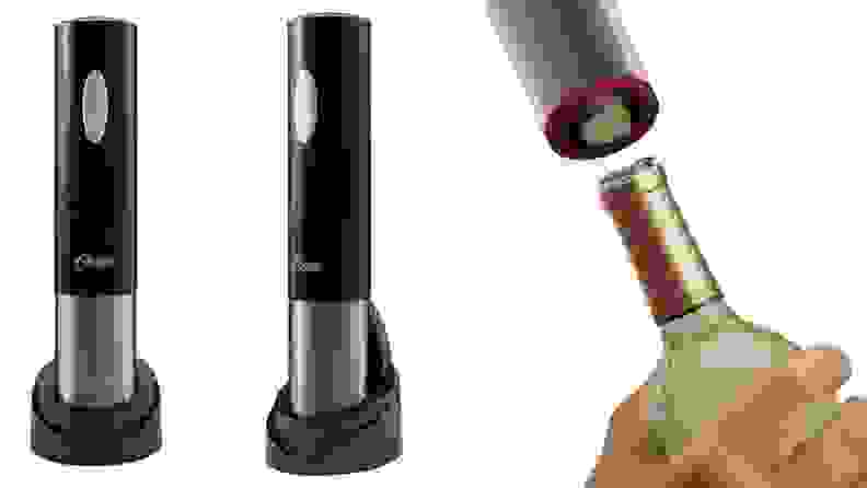 Wine opener next to an image of a person opening a wine bottle