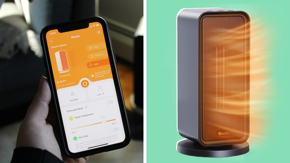 A hand holding a phone displaying the Govee app next to a display photo of the Govee Space Heater.