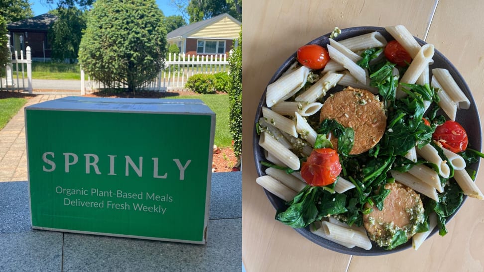 On left, Sprinly box on a front yard doorstep. On right, a plate of gluten-free pasta with spinach, tomatoes, and bean cakes.
