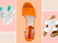 Three pairs of summer shoes from QVC on a pink and orange background