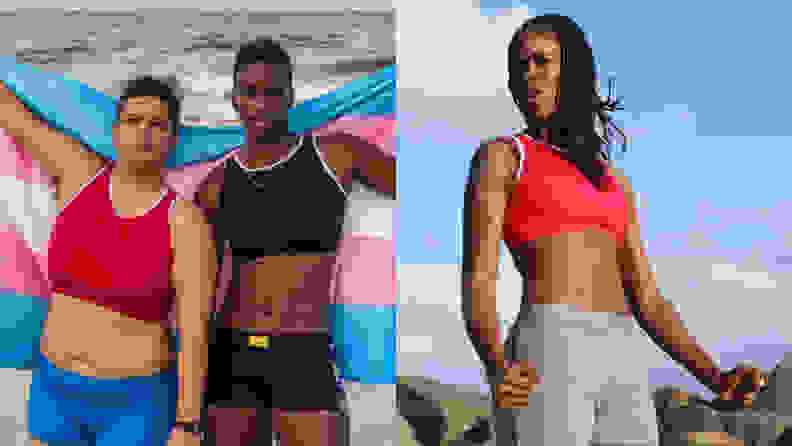 Three humans, including two standing in front of the trans pride flag, posing in Outplay swimwear.