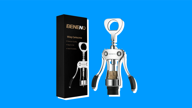 A Beneno Wine Bottle Opener on a blue background.