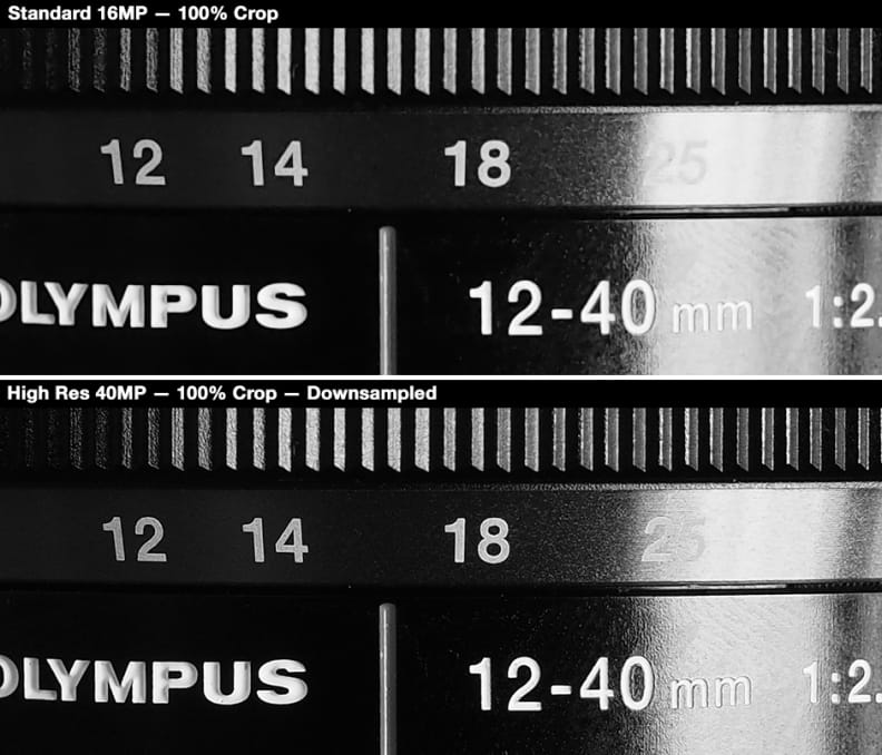 A comparison of crops from the standard 16-megapixel mode and the 40-megapixel high-res mode