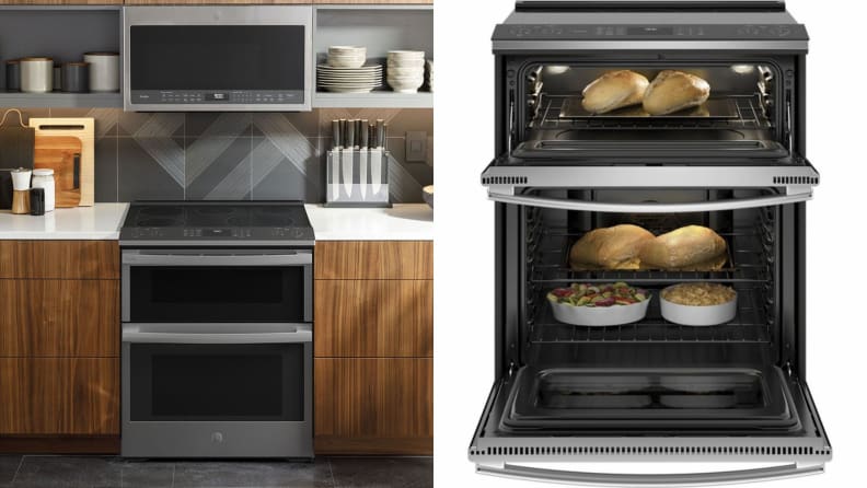 Left: GE Profile PS960YPFS in a modern ktichen. Right: PS960YPFS on white background with both oven doors open