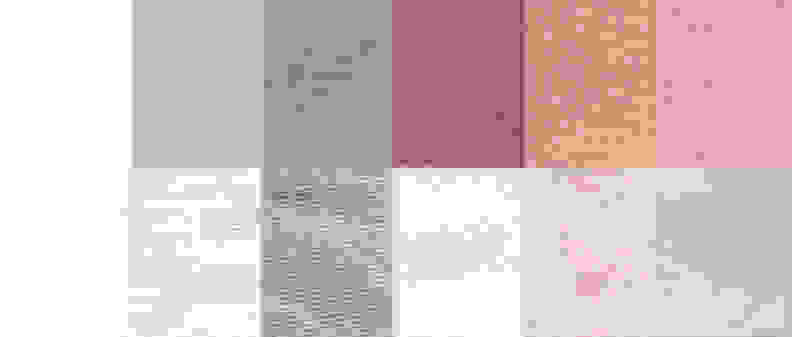 An example of a before and after test stain results using the Normal cycle. From left to right: control, sweat, dirt, blood, cocoa, and red wine.