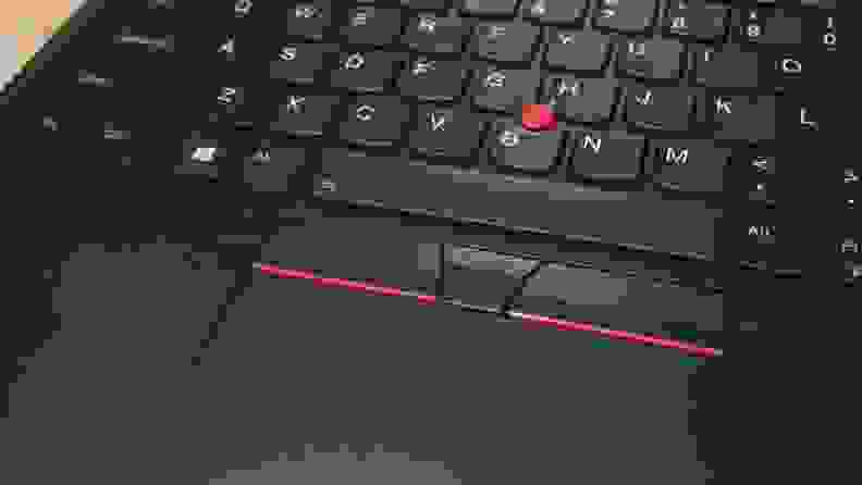 A close-up of the ThinkPad E14's keyboard, trackpad, and trackpoint.