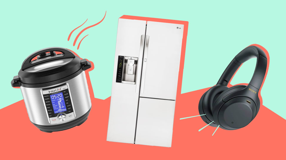 Instant Pot, refrigerator, and headphones on a green and red background