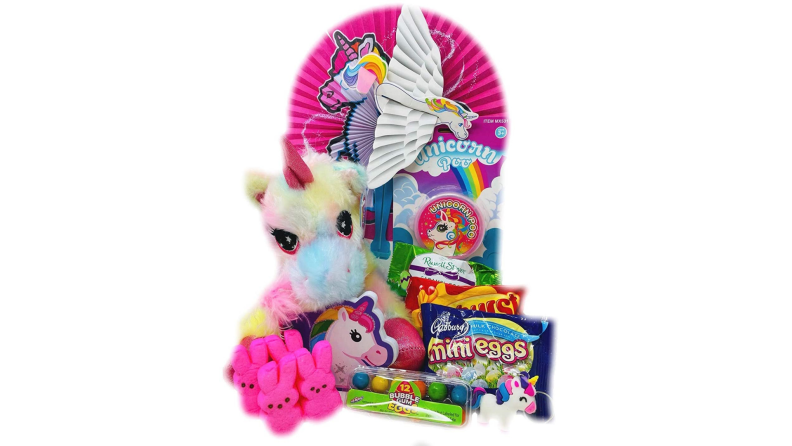 A colorful and fanciful Easter basket with a unicorn theme.