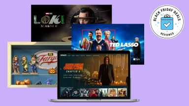 laptops showing streaming content from various services, including Loki, John Wick, Ted Lasso, and Fargo