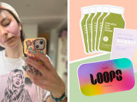 On left, person wearing face mask while posing for mirror picture with smart phone in hand. On right, three different types of face masks from ESW, Patchology and Loops.