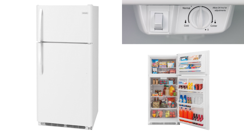 三张图片，第一张是封闭的白色冰箱，第二张是打开的冰箱，里面有食物，第三张是冰箱的温控表。