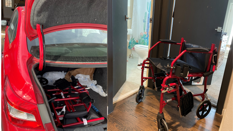 2 images of a Medline Ultralight chair in a car trunk and at home