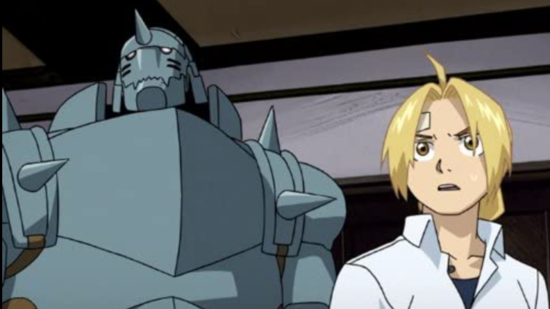 A still from Fullmetal Alchemist: Brotherhood featuring the main characters.