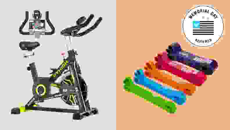 An exercise bike shown next to a fitness bands.