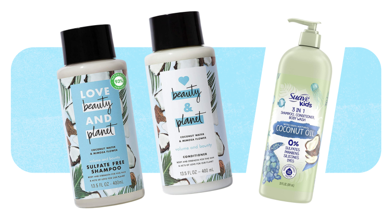 Product shots of the Love Beauty and Planet shampoos and conditioners next to Suave's Kids 3 in 1 Shampoo, Conditioner, and Body Wash.