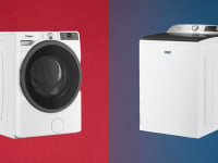 A Whirlpool front-load washer on a red background, and Maytag top-load washer on a blue background