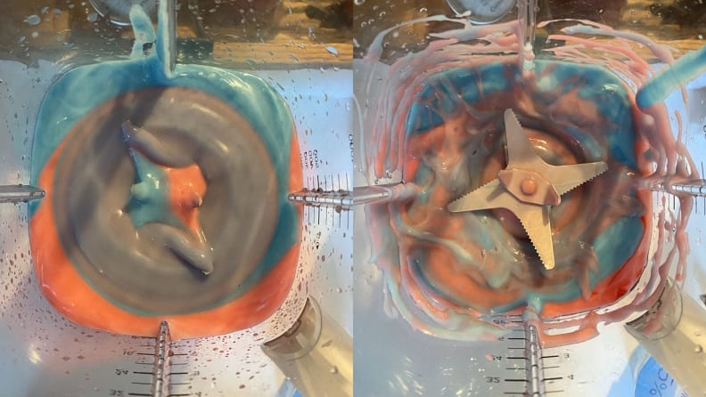 Left: An overhead photo of a blender in the process of blending red yogurt and blue yogurt, with some of the yogurt towards the middle already mixed to purple. Right: The same process, but further along so more of the yogurt is blended and purple.