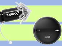 Product shot of the new Eargo 7 hearing aid next to charging case.