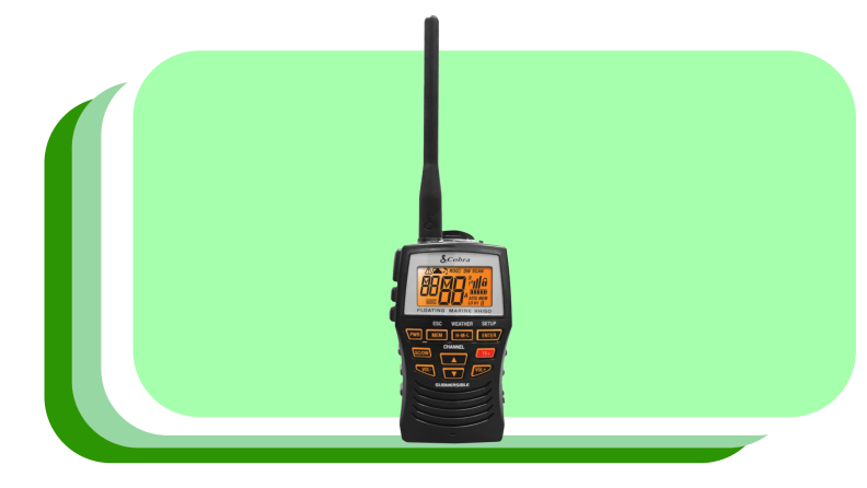 Black handheld walkie talkie with orange display screen and attached antenna.