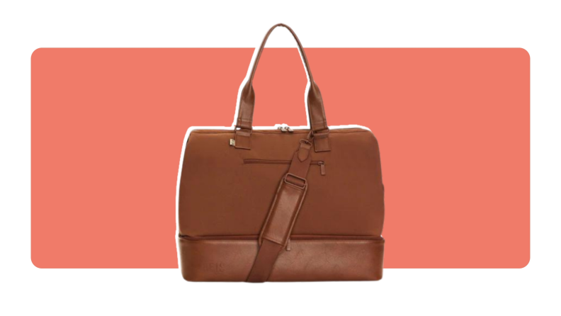 A brown Beis Weekender Bag with crossbody strap and top handle for carrying.