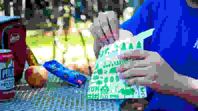 A person is holding a Lunchskins sandwich bag by an outdoor picnic table. On the table, there's a cooler, a can of soda, an apple, and some Oreos.