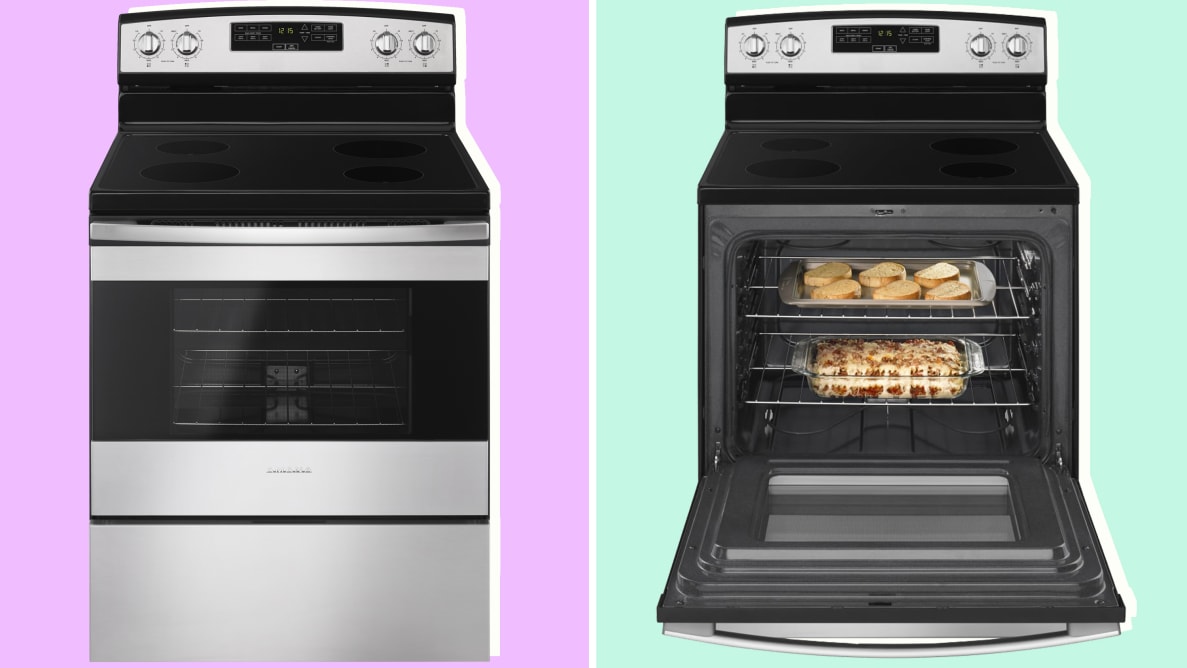 Two images of a stainless steel electric oven with its door closed and open.