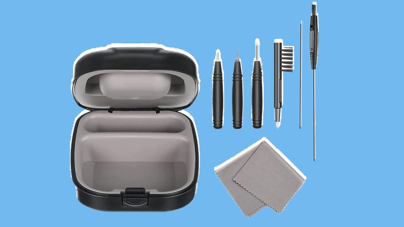 Black 8-Piece Hearing Aid Case Pocket Size with Cleaning Cloth Brush Tools.