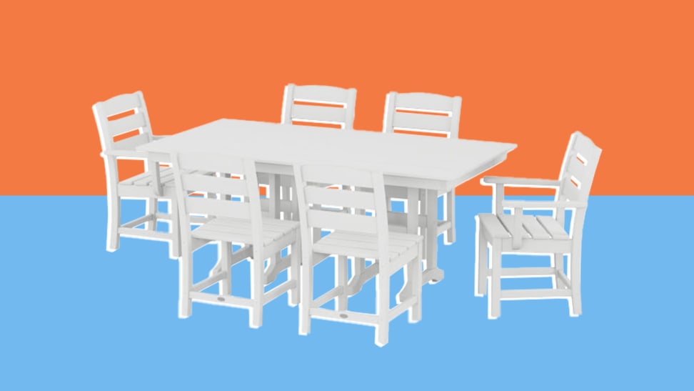 A white Polywood outdoor dining set against an orange and blue background.