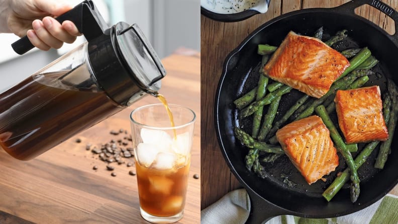 A person pours coffee from a cold brew coffee maker, and fish and asparagus cook in a cast0iron skillet.