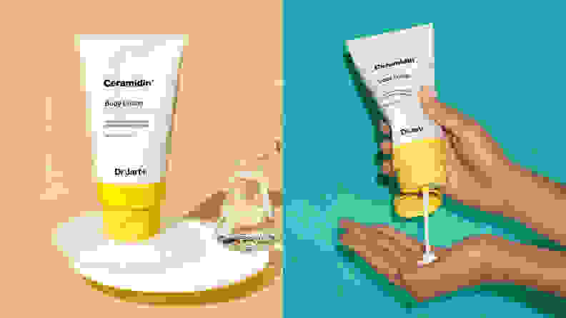 On the left: A tube of Dr. Jart body lotion on a yellow background. On the right: A hand squeezing lotion from a white tube.