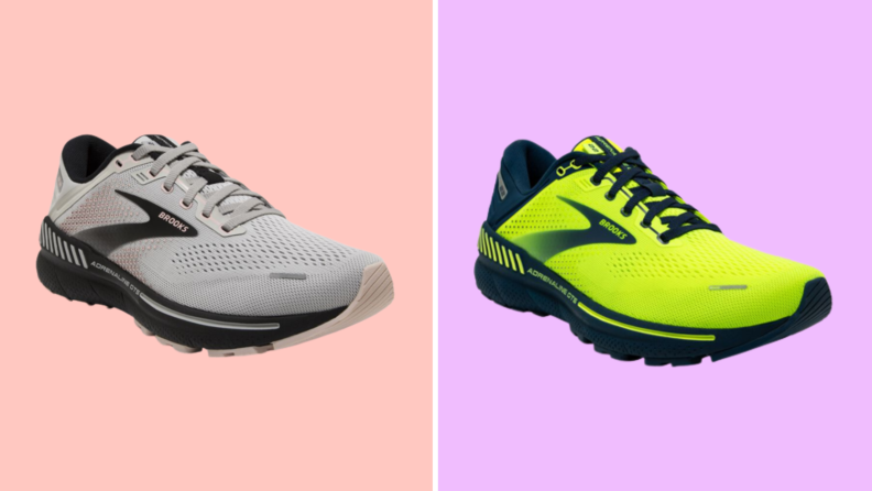Two pairs of sneakers: On the left is a gray sneaker with black details, and on the right is a sneaker in neon yellow with black details.