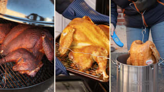 Left: smoked turkey on a charcoal grill. Center: Roasted turkey on a baking sheet. Right: Deep fried turkey coming out of the fryer.