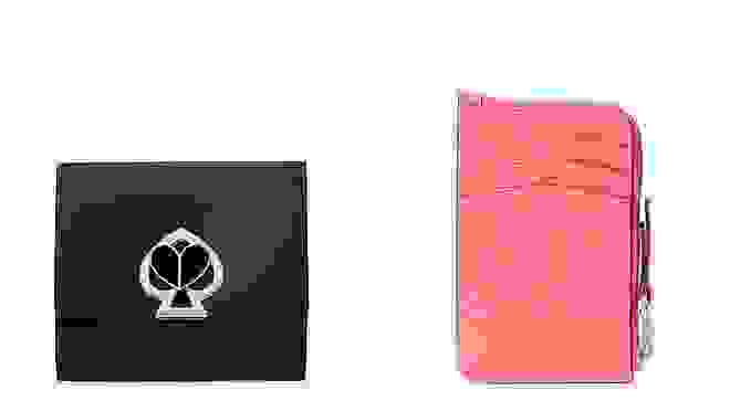 A black wallet next to a pink wallet