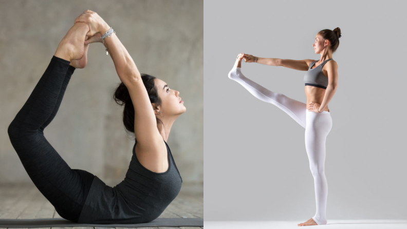 Two yoga poses are pictured side by side, the first of a woman on her belly grabbing her feet, the other of a woman standing and holding one foot.