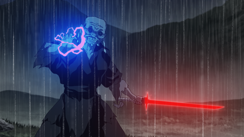 An old man standing in the rain holding a red lightsaber. There is purple energy emanating from his hand.