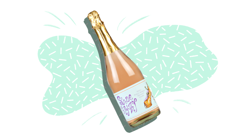 A silhouetted bottle of sparkling pink wine wine on a mint and white patterned background.