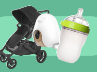 An Uppababy stroller, Cubo AI baby monitor, and Comotomo bottle on a green background