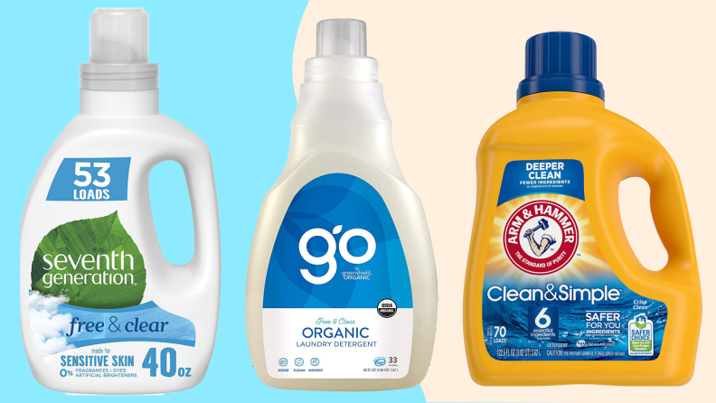 Seventh Generation, Greenshield Organic, and Arm & Hammer laundry detergent bottles.