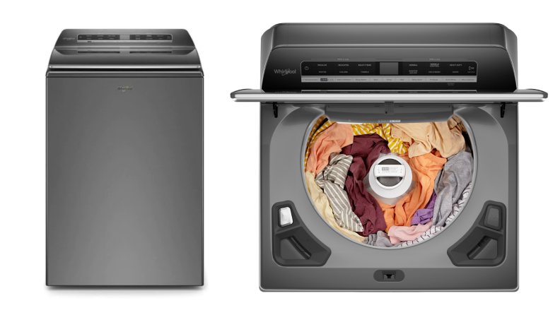Two views of the Whirlpool WTW8127LC top-load washing machine floating in a white void. The first is a straight-on view, while the second is a top-down view looking into its wash drum, which is filled with colorful laundry.