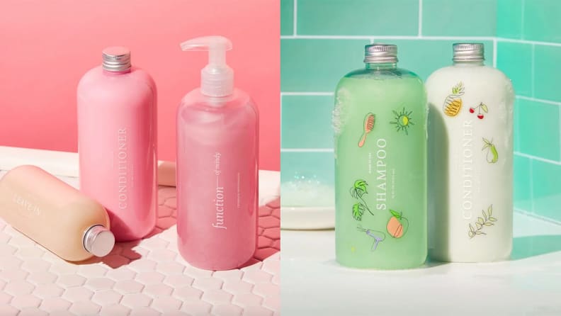 On left, pink hair product bottles in front of pink tile background. On right, green and white hair product bottles in front of green tile background.