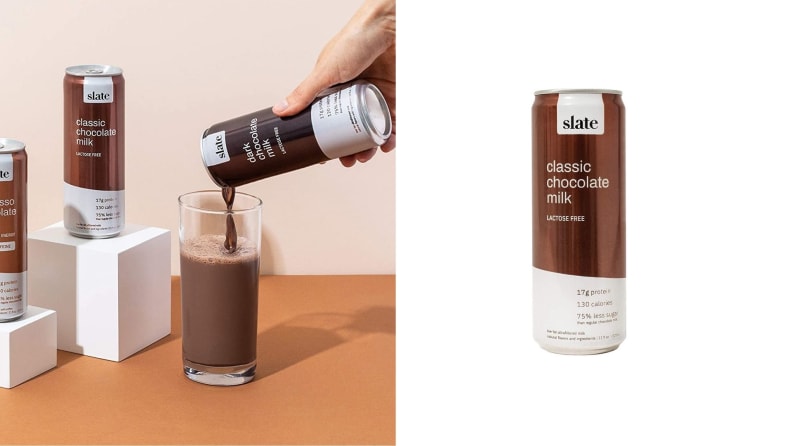Left: A stylized photo of three cans of chocolate milk in which a hand pours one of the cans into a clear glass. Right: A can of chocolate milk against a white background.